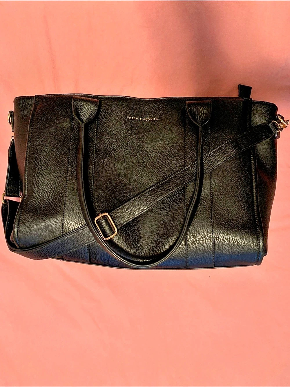 Poppy peonies Black Leather Tote